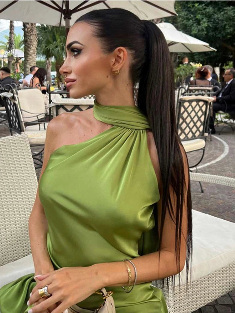 Sexy Satin Ribbon Party Dress Women Elegant Halter Backless Off