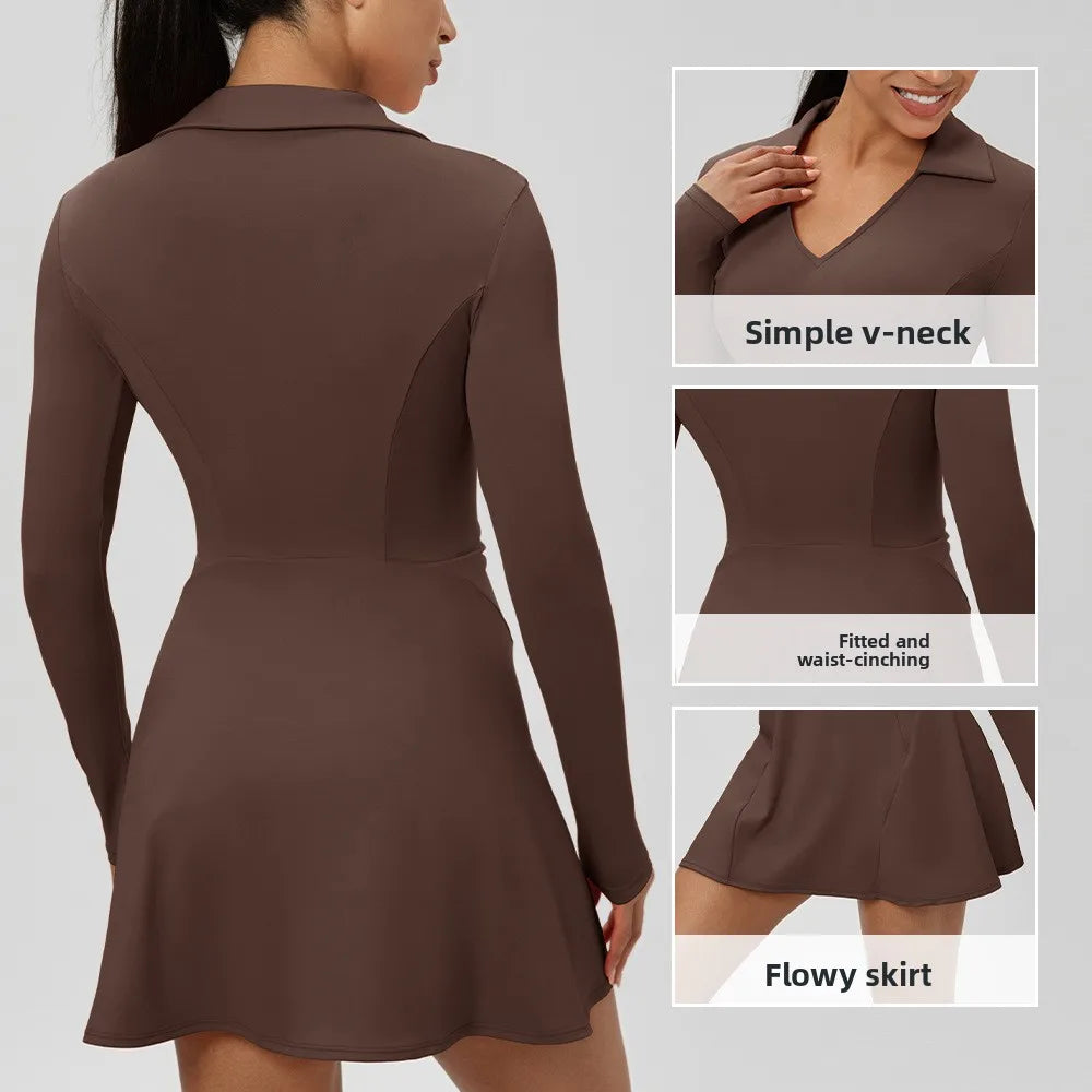 Autumn European  American long-sleeved lapel tennis dress quick-drying