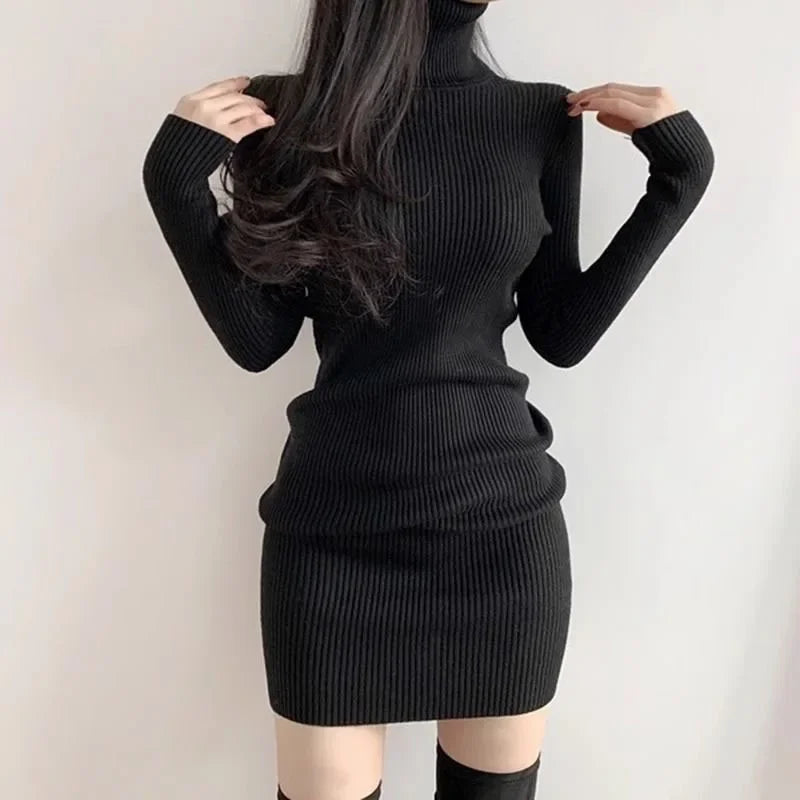 Fanan 2024 New Turtleneck Sweater Dresses Lady Sexy Slim Streetwear