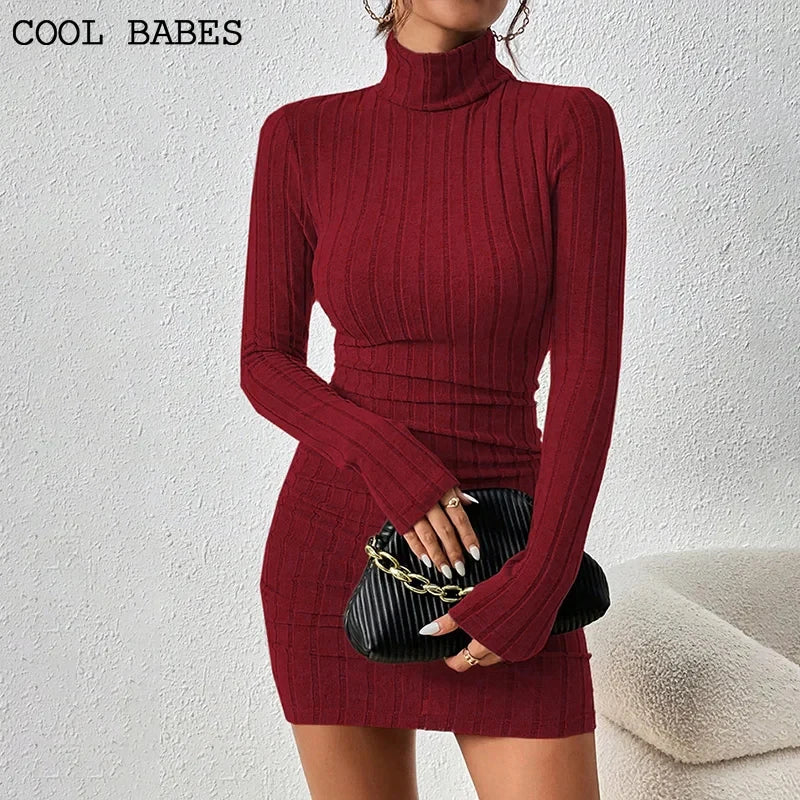Women Dresses Elegant Party Autumn Winter New Turtleneck Long Sleeves