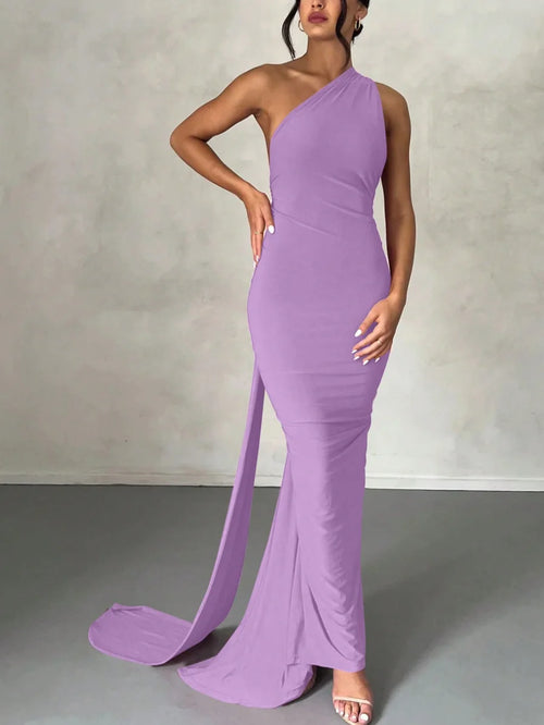 Dulzura One Shoulder Backless Ruched Slim Ribbon Long Dress Women