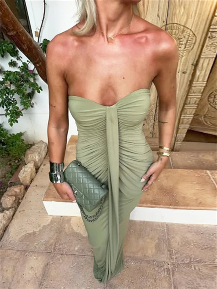 Nibber Elegant Strapless Dress Women Classic Patchwork Ribbon Ruched