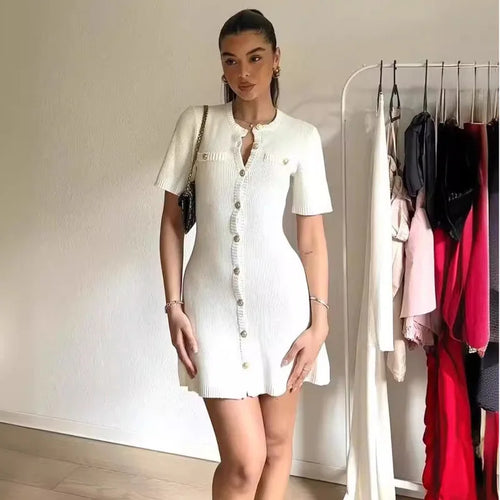 White Elegant Knitted Mini Dress For Women Metal Button Sexy Slim Rib