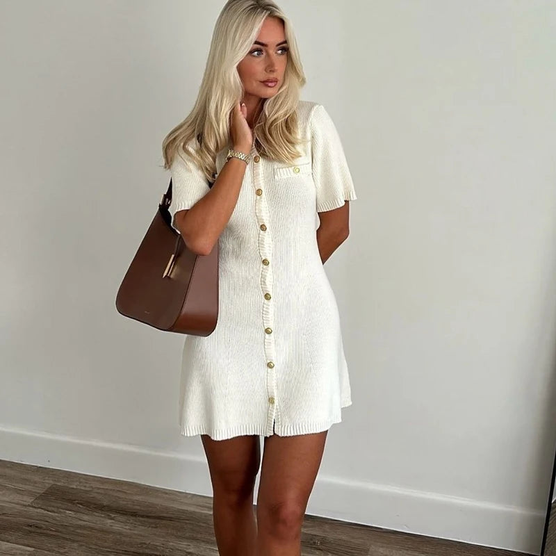 White Elegant Knitted Mini Dress For Women Metal Button Sexy Slim Rib
