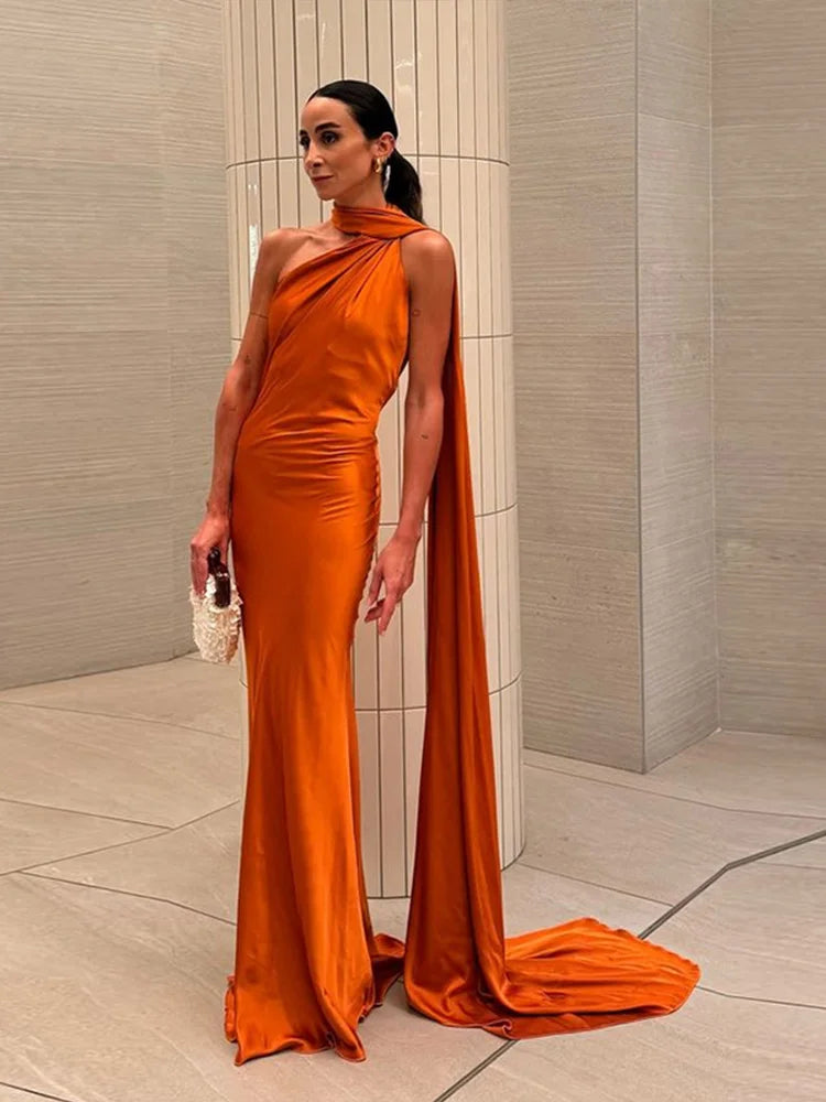 Sexy Satin Ribbon Party Dress Women Elegant Halter Backless Off