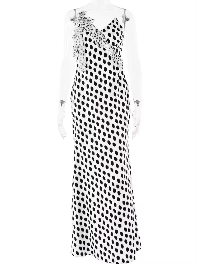 JULISSA MO Sexy Backless  Print Dots Flower Women Maxi Dress Spaghetti