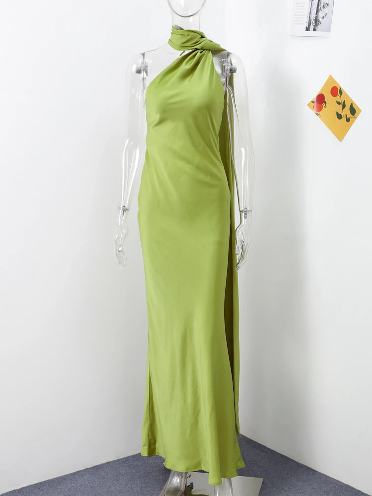 Elegant Ribbon Halter Dress Women Solid Off Shoulder Sleeveless