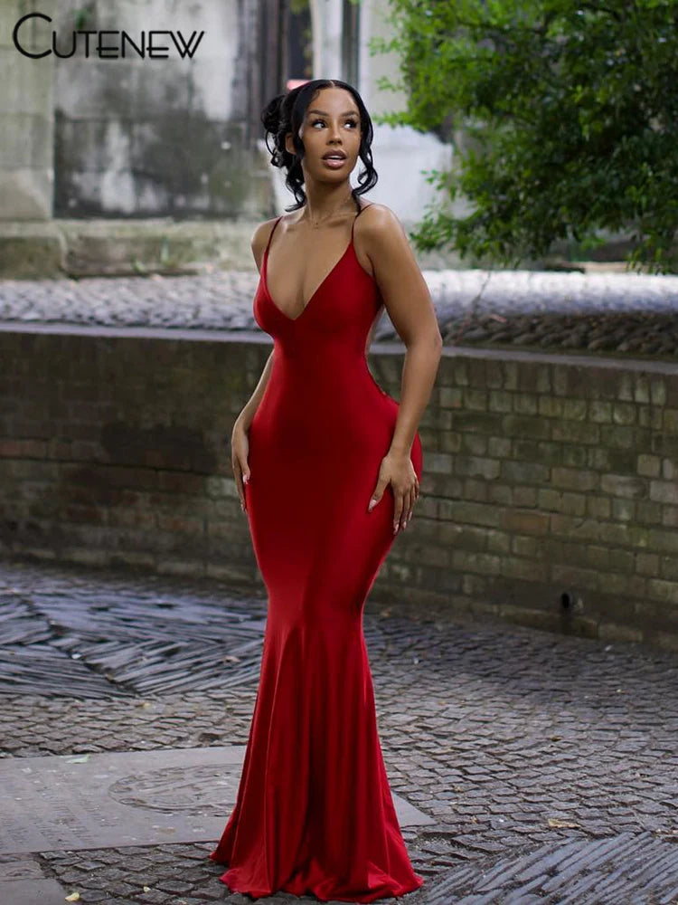 Nibber Red Shiny Spaghetti Strap Maxi Dress Women Solid Sexy Backless