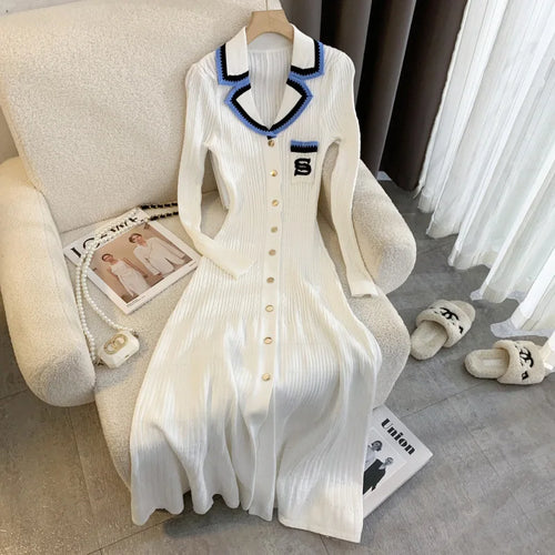 YuooMuoo Elegant Embroidery Letter Knitted Maxi Dress Autumn Winter