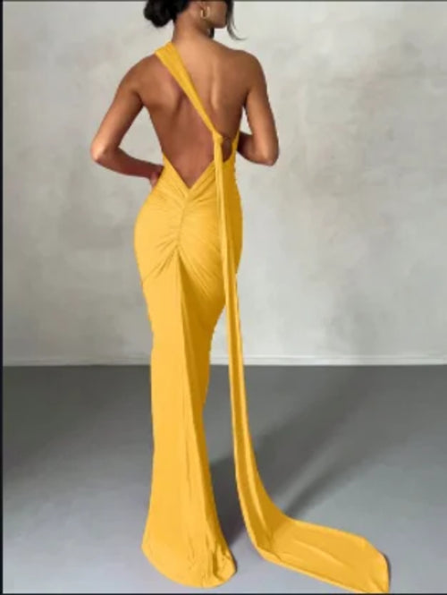 Dulzura One Shoulder Backless Ruched Slim Ribbon Long Dress Women