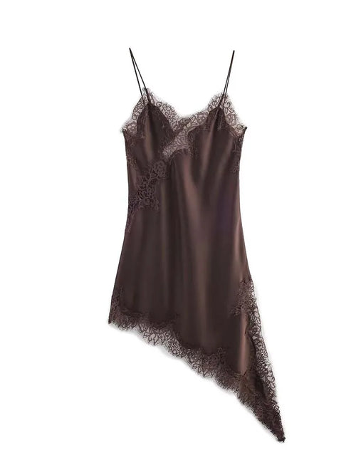 Women Fashion Sexy V-Neck Lace Elegant Halter Dress Asymmetric Hem