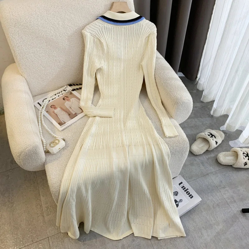 YuooMuoo Elegant Embroidery Letter Knitted Maxi Dress Autumn Winter