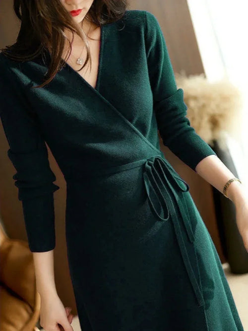 Autumn Winter Sweater Womens Dresses V-neck Wrap Up Dress for Women