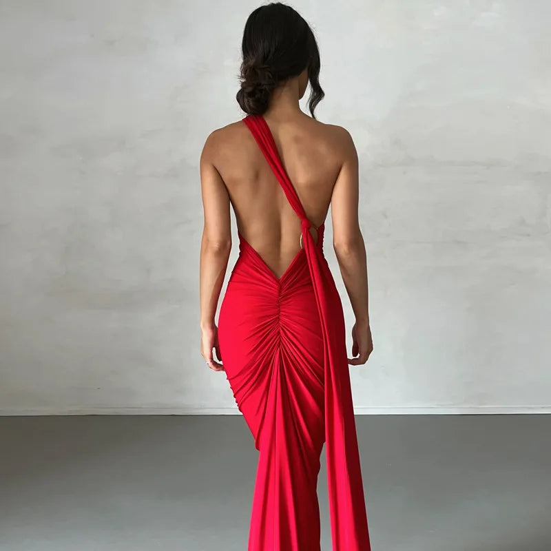 Dulzura One Shoulder Backless Ruched Slim Ribbon Long Dress Women