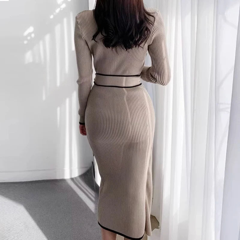 YuooMuoo Elegant Lace Up Turtleneck Knitted Long Dress Korean Fashion
