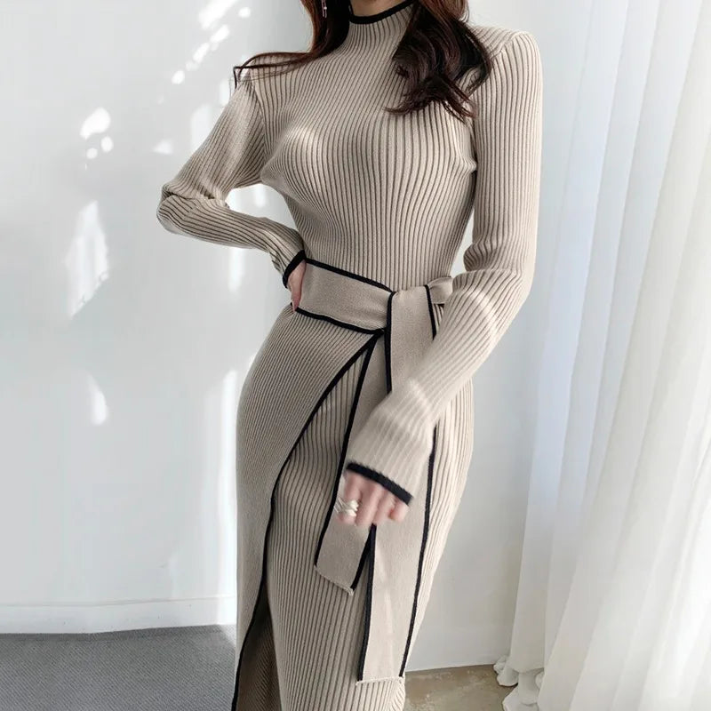 YuooMuoo Elegant Lace Up Turtleneck Knitted Long Dress Korean Fashion