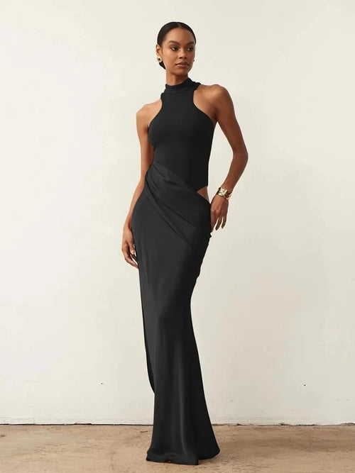 JULISSA MO Satin Sexy Hollow Out Women Maxi Dress Black Sleeveless