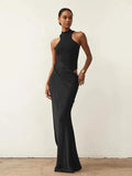 JULISSA MO Satin Sexy Hollow Out Women Maxi Dress Black Sleeveless