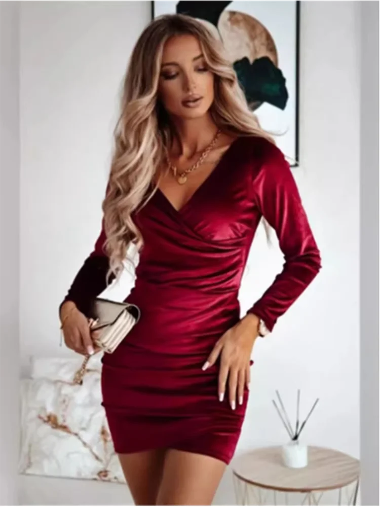 Lady Bodycon Solid Color Velvet Dress Women V-Neck Long Sleeved Mini