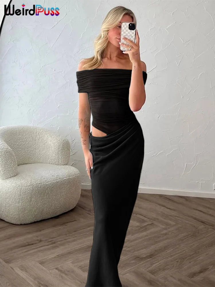 Weird Puss Ruched Irregular Dress Women Mesh Patchwork Slash Neck