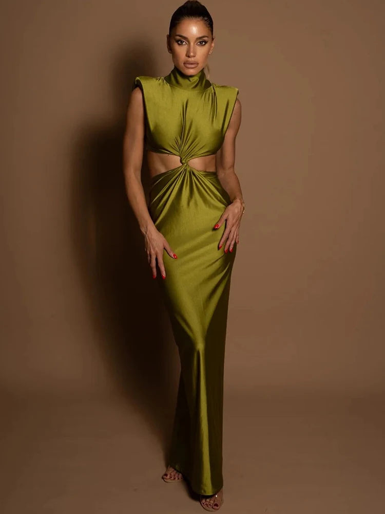 Mozision Hollow Out Turtleneck Sexy Maxi Dress For Women Fashion Solid