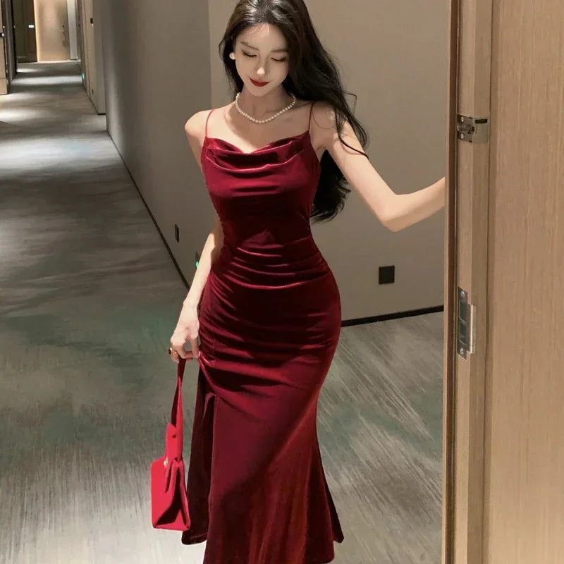 Vintage Sexy Club Prom Red Dresses for Women Spaghetti Strap Slit