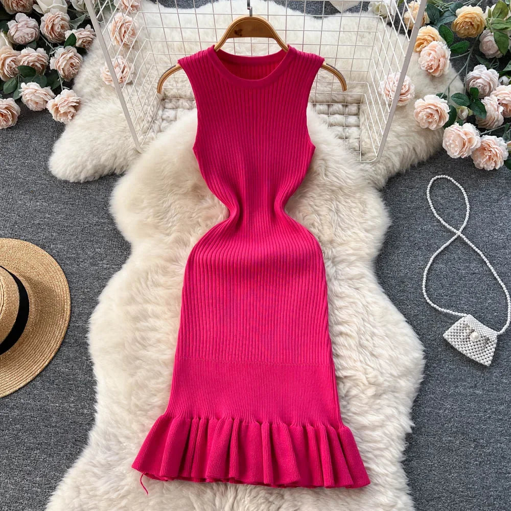 Summer Knitted Bodycon Sexy Dress 2026 O Neck Sleeveless Ruffled Party