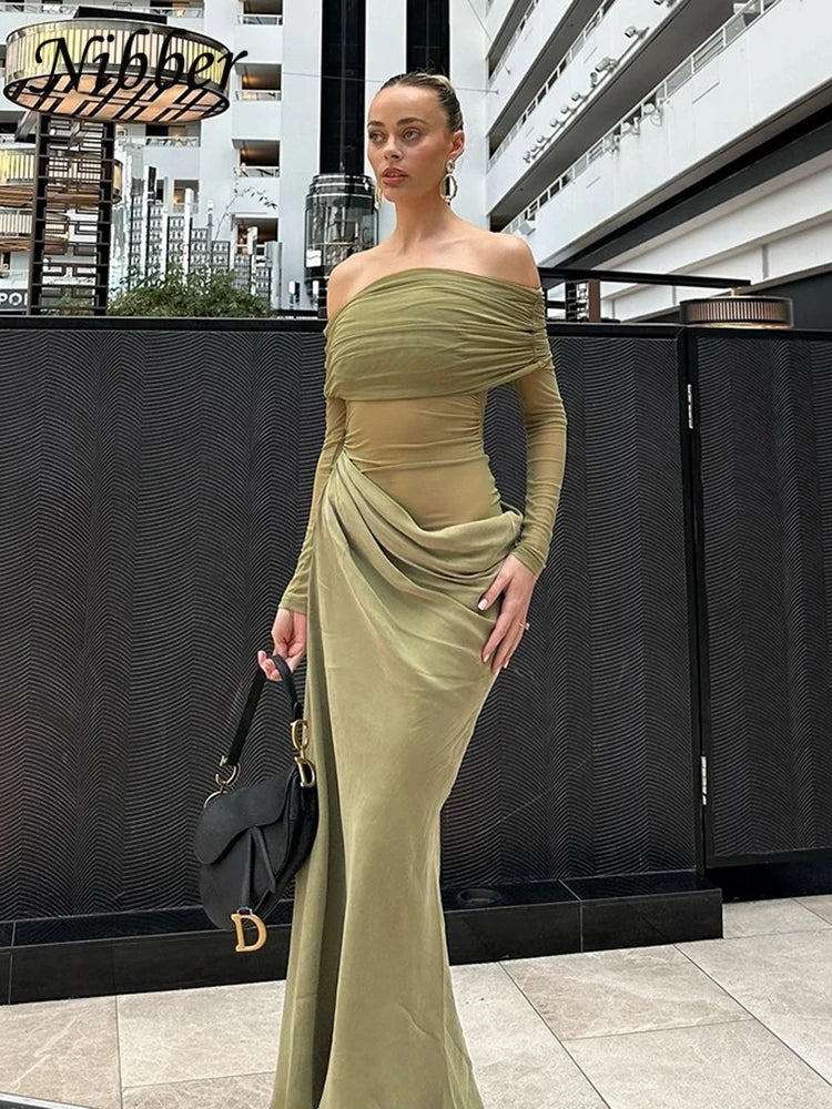 Nibber Sexy Dress Women 2025 Spring Patchwork Mesh Elegant Slash Neck