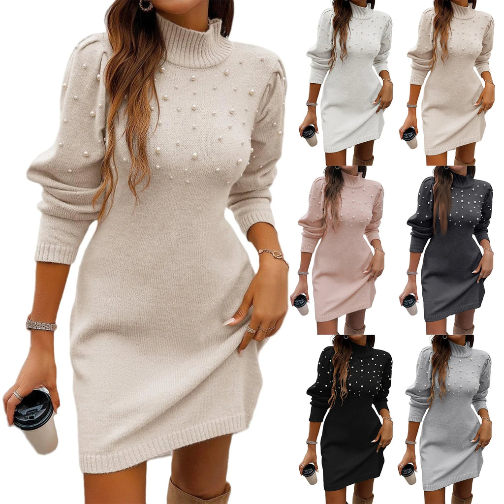 Women'S Elegant Sweater High Neck Body Hugging Sweater Dress Knitted