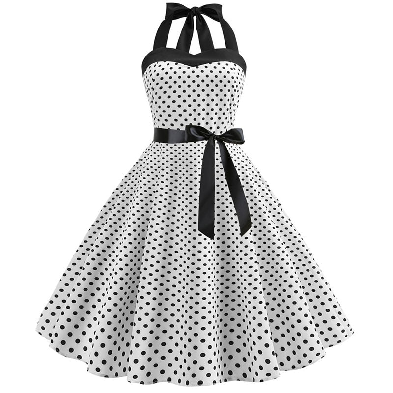 Sexy Retro White Polka Dot Dress Audrey Hepburn Vintage Halter Party