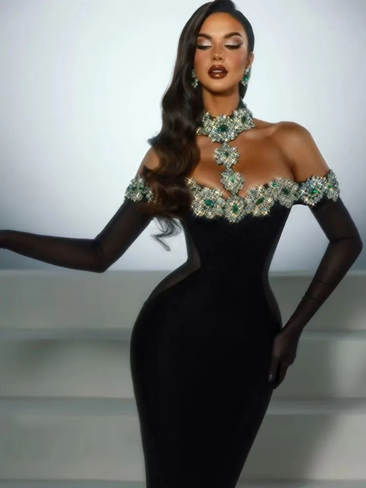 Summer Bandage Dress 2024 Women Celebrity Sexy Diamonds Crystal Black