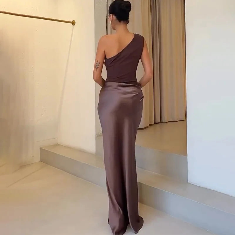 Patchwork Satin Sexy Dress Women One Shoulder Brown Sleeveless Evening