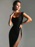 Sexy Spaghetti Strap Off Shoulder Black Midi Bodycon Dress For Women