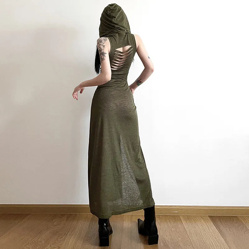 Goth Dark Cyber Gothic Desert Walker Hooded Dresses Y2k Punk Grunge