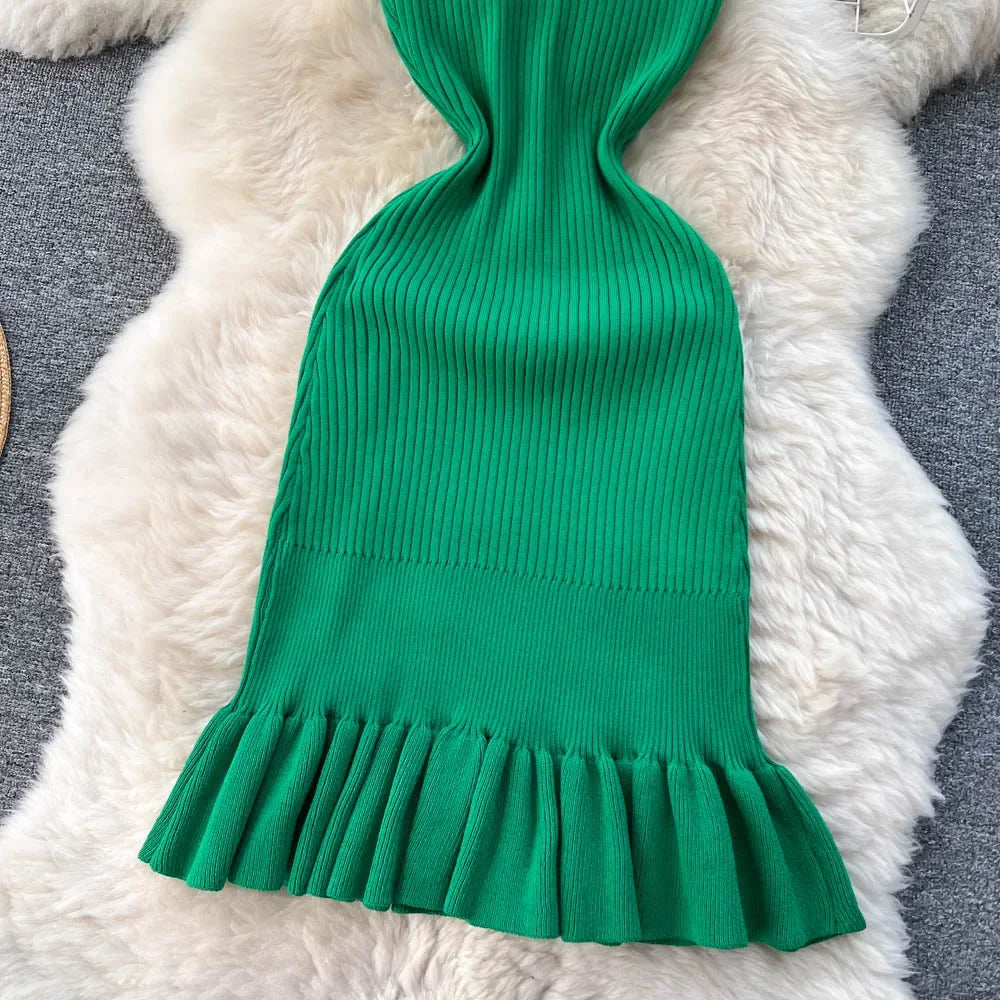 Summer Knitted Bodycon Sexy Dress 2026 O Neck Sleeveless Ruffled Party