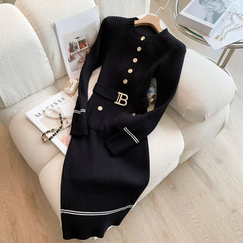 YuooMuoo 2023 Autumn Winter Women Knitted Dress Brand Fashion O-neck