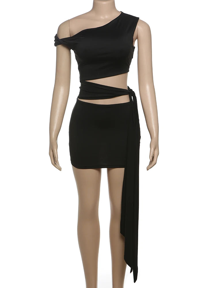 Weird Puss Sexy Hollow Dress Women Irregular Diagonal Collar Waistless