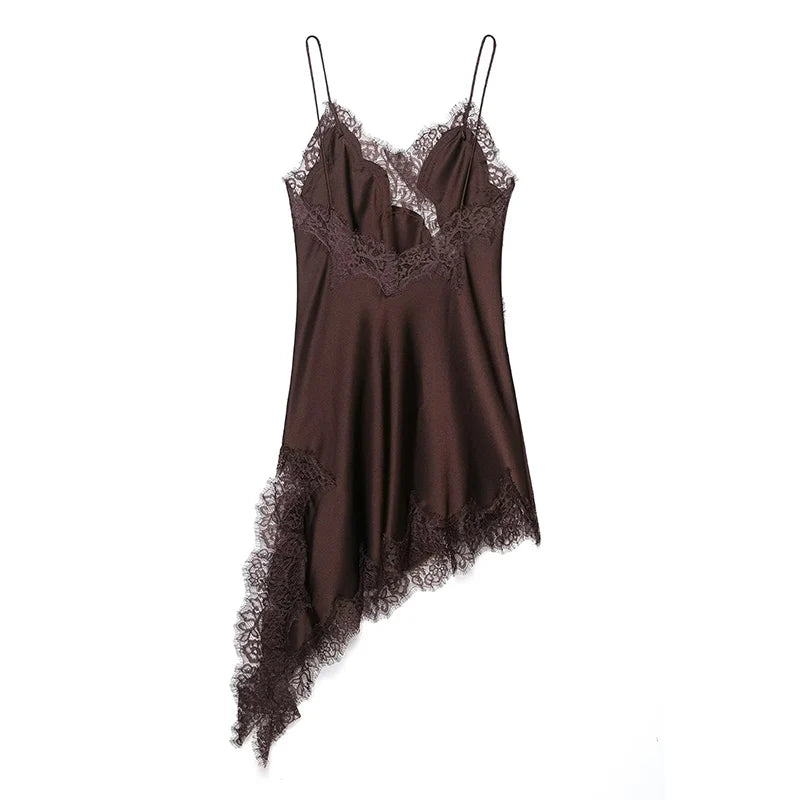 Satin Sexy Lace Spliced Short Sling Dress Women Sleeveless Backless