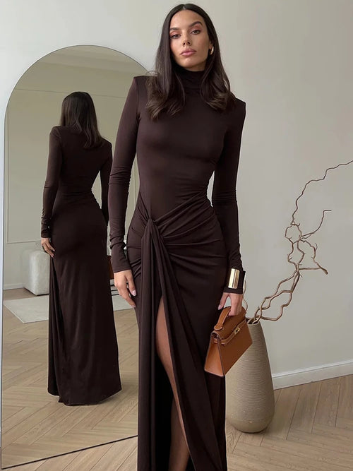 Mozision Turtleneck Thigh High Split Sexy Maxi Dress For Women Fashion