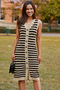 Stripe Button-Front Sleeveless Pencil Sweater Midi Dress